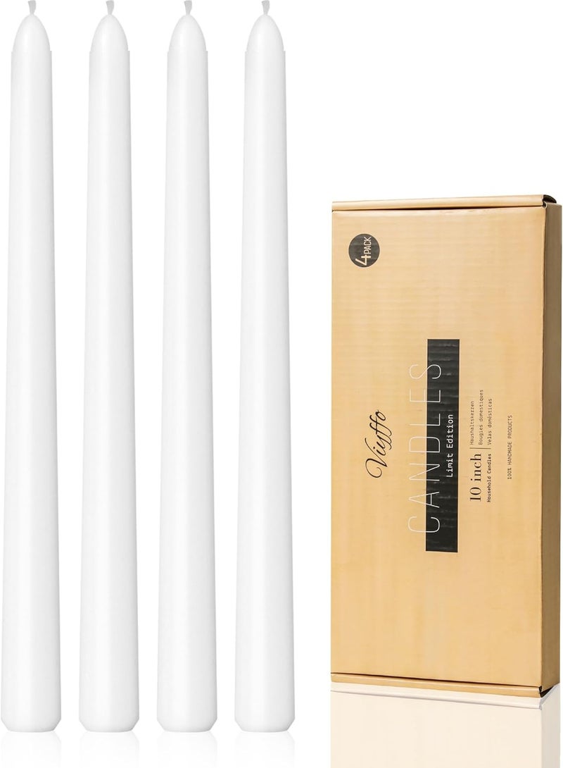 Viyffo Taper Candles – 10 Inch Long White Candlesticks, 4 Pack, Unscented, Dripless, Smokeless Tapered Stick Candles, Tall Candles for Dinner, Wedding, Party, Holiday Decor - Image 1
